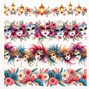 May include: Watercolor illustrations featuring decorative borders with carnival masks, floral arrangements, and hanging lanterns. The masks are in various colors, including pink, blue, and gold, with feathers and embellishments. The floral arrangements include roses and other flowers.