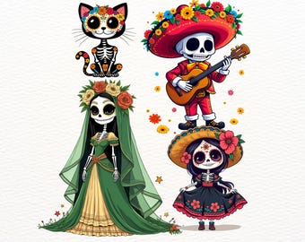 42 süße Santa Muerte Clipart | Cartoon Halloween Sugar Skull & Skelett PNG | Mexikanischer Tag der Toten Clipart für Scrapbooking, Drucken