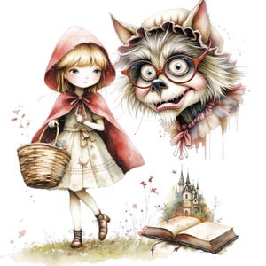 20 Aquarel Roodkapje Cliparts | Sprookjesachtige PNG-illustraties | wolf en roodkapje, kinderboekclipart