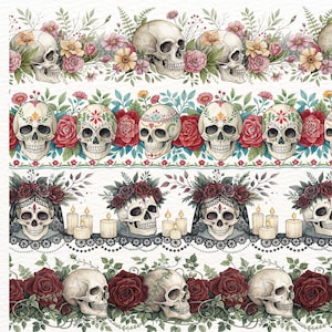 Bordures transparentes de crânes, 15 cliparts de crânes floraux, roses Santa Muerte, bordure aquarelle PNG, clipart numérique gothique,