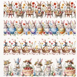 Könnte beinhalten: Aquarellillustrationen von Osterhasen in verschiedenen Szenen. Einige Hasen befinden sich in dekorierten Eiern, andere ziehen Wagen voller Eier, und einige tragen Hüte und halten Teetassen. Das Kunstwerk zeigt eine Pastellfarbpalette mit floralen Akzenten.