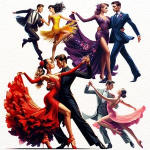 Puede incluir: Ilustración de parejas bailando en varios estilos. Los bailarines visten de etiqueta, con las mujeres con vestidos fluidos amarillos, morados, rojos y rosas. Los hombres visten trajes. La imagen tiene un estilo de pintura a la acuarela.