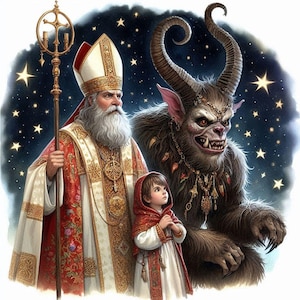 21 Clipart de San Nicolás y Krampus | Calle. Imágenes Prediseñadas de acuarela del día de Nicolás ? Arte digital navideño | JPG | 3000x3000 | 300 ppp
