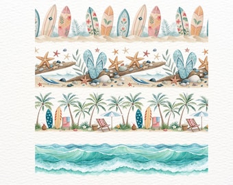 23 Watercolor Seamless Surfing Beach Borders – Summer PNG Clipart, surf clipart, summer border, seamless beach border, surfing PNG