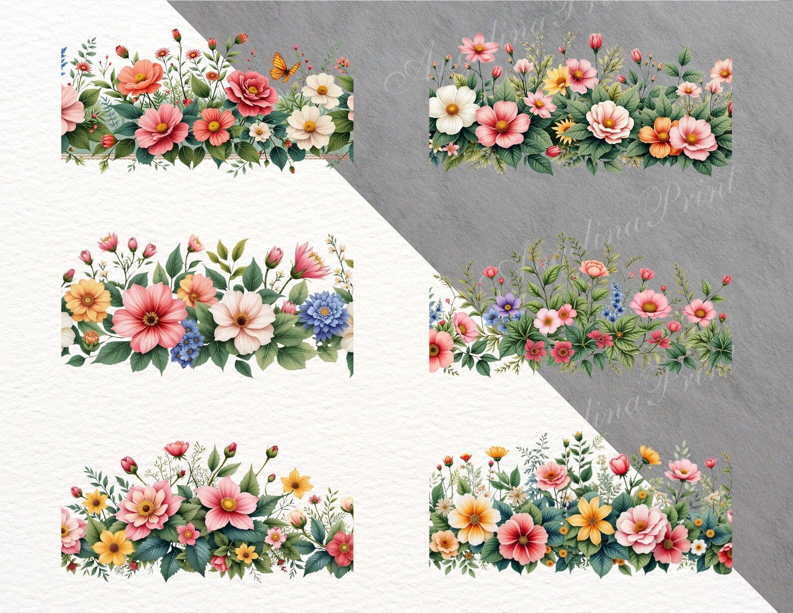 14 Seamless Floral Borders Clipart | Wild Meadow Flowers Continuous ...
