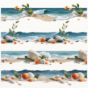 May include: Watercolour illustrations of beach scenes. Each scene features a sandy shore, ocean waves, rocks, seashells, and greenery. The artwork has a soft, artistic style with a focus on natural elements and coastal themes.