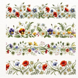 18 sömlösa blommiga ramar Clipart | Vallmo, prästkragar, blåklint PNG | Ängsblomma för utskrift