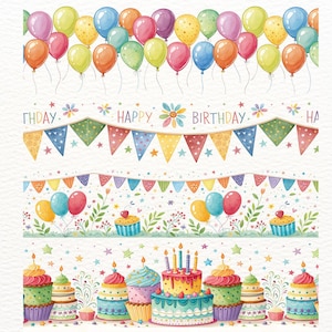 May include: Watercolor illustration featuring colorful balloons, banners, cupcakes, and cakes. The words "Happy Birthday" are displayed. The design is perfect for birthday cards, invitations, or party decorations.