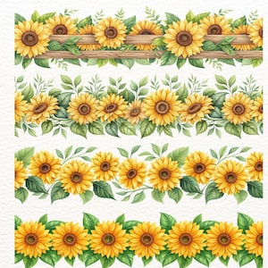 12 bordi di girasoli senza soluzione di continuità in formato PNG | Clipart di girasoli con bordo floreale | Bordo floreale stampabile per scrapbooking, agende e calendari