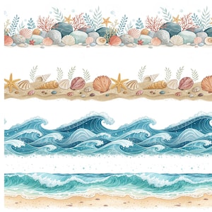 Nahtlose Meeresränder Clipart – 12 Aquarell Ozeanwellen & Muschelränder PNG, Ozean Clipart, Wellenrand, Muschel png, Strand druckbares Meer