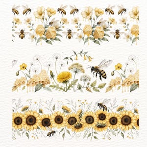 May include: Watercolor illustrations of bees, honeycombs, and flowers. The top border features bees, yellow flowers, and honeycombs. The middle border shows dandelions, yellow flowers, and a bee. The bottom border displays sunflowers and bees.