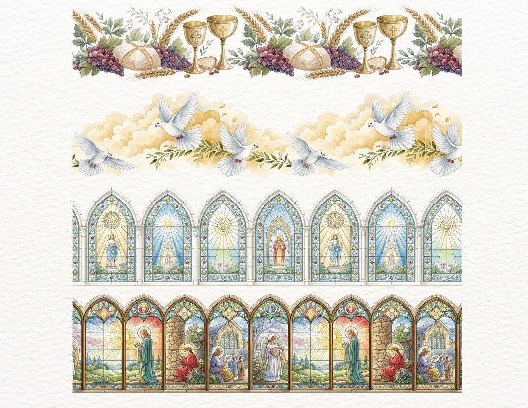 8 Biblical Seamless Borders – Watercolor Religious Clipart PNG, Angel ...