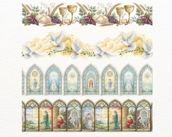 8 Biblical Seamless Borders – Watercolor Religious Clipart PNG, Angel, Dove Bible journaling border, watercolor Christian ,communion clipart