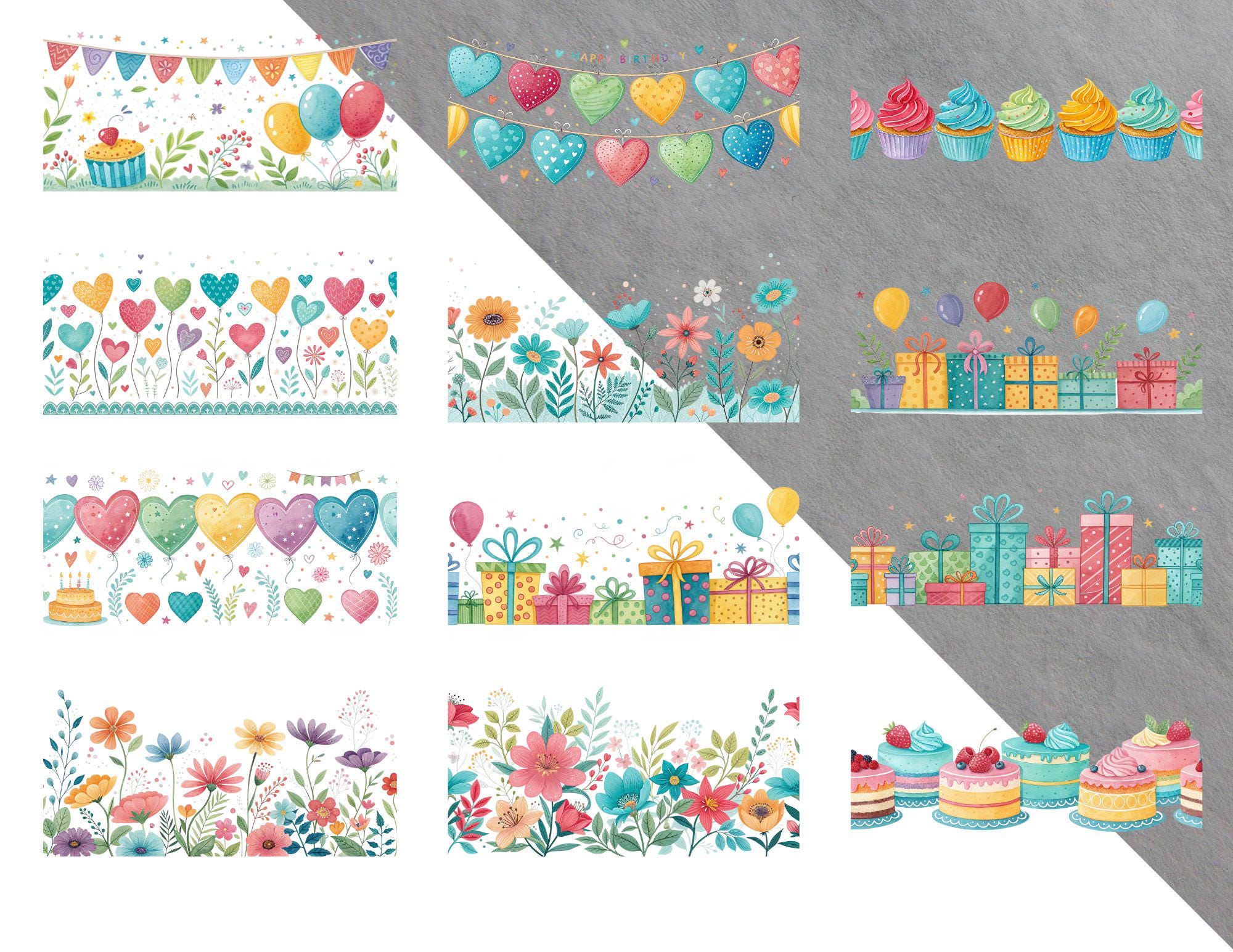 38 Seamless Birthday Borders Clipart | Cake, Balloons, Party Hat, Gifts ...