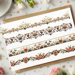 May include: A white card with four decorative floral border designs. The borders feature intricate patterns with flowers in shades of pink, yellow, and blue, set against a brown and gold background. The card is placed on a brown envelope.