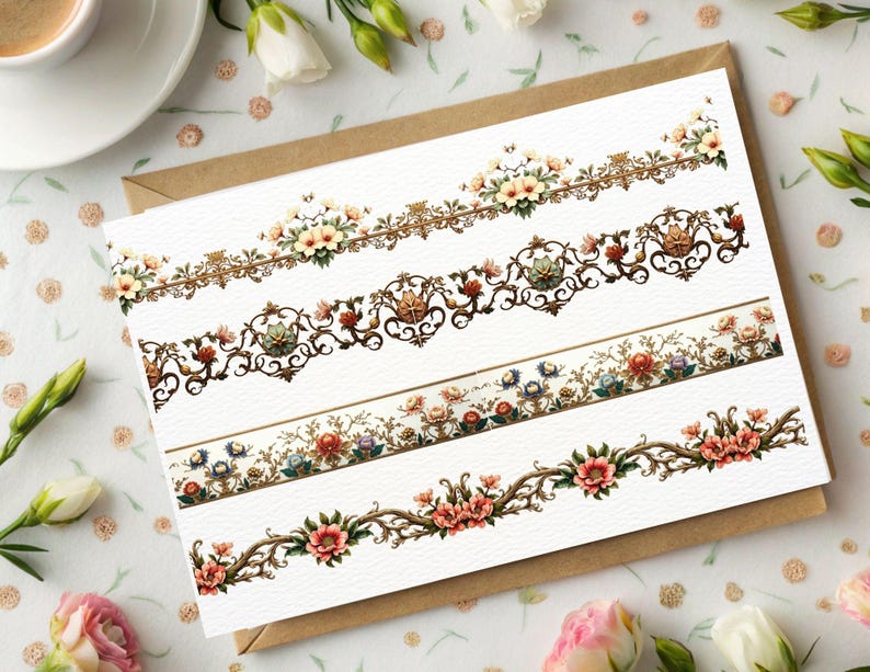 May include: A white card with four decorative floral border designs. The borders feature intricate patterns with flowers in shades of pink, yellow, and blue, set against a brown and gold background. The card is placed on a brown envelope.