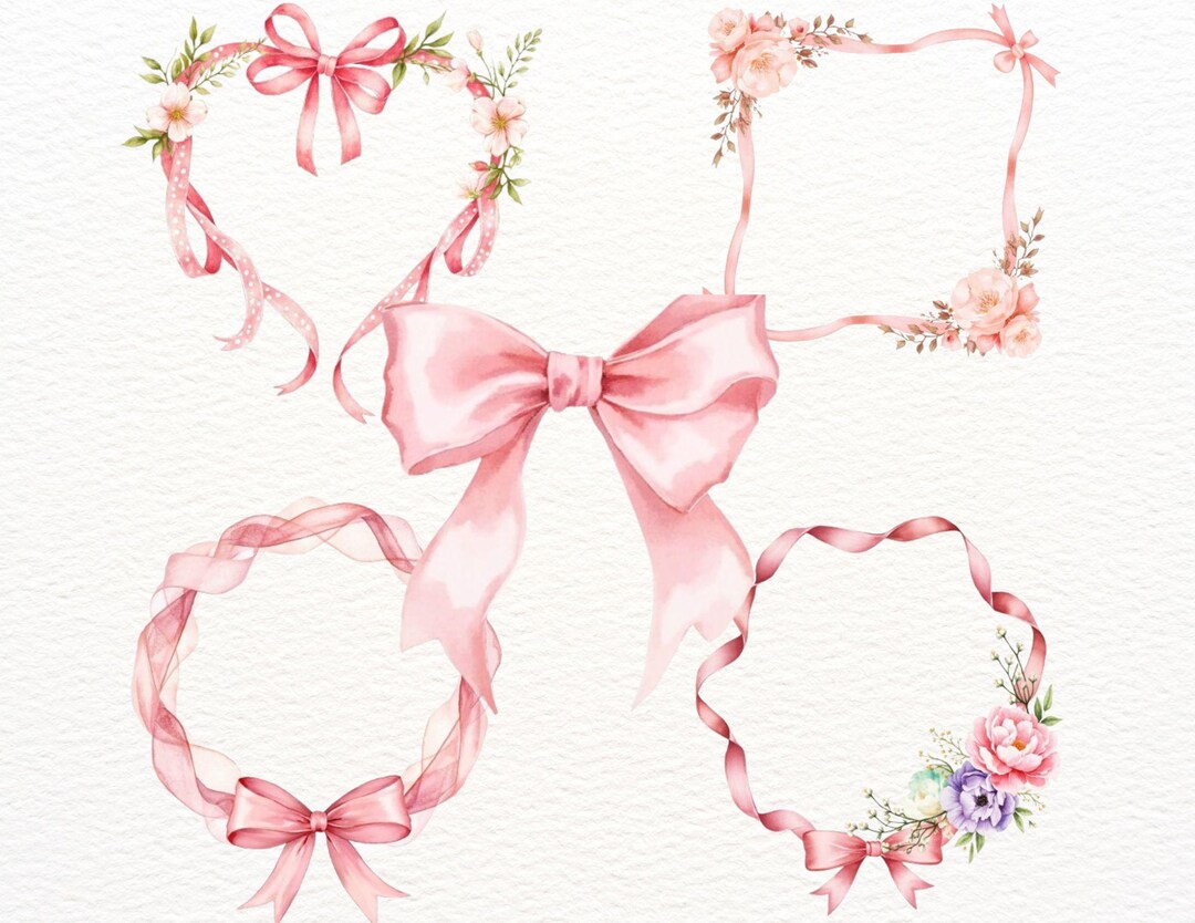 Pink Ribbon , Bow Clipart Set – 26 Watercolor Pink Floral Frames ...