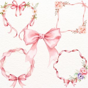 May include: Watercolor illustrations of pink ribbons and bows in various shapes. The designs include a heart, a square frame, and two circular frames, all adorned with flowers and leaves. The ribbons have a delicate, translucent appearance.