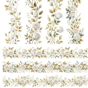 15 bordes sin costuras de rosas blancas y dorados: elegantes marcos florales, verticales y horizontales, marco de rosa blanca, marco dorado, borde de boda