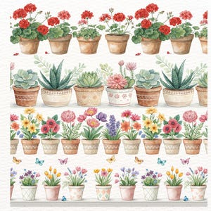 Può includere: Illustrazione ad acquerello di varie piante in vaso, tra cui gerani rossi, piante grasse e fiori colorati. Le piante sono in vasi decorativi, disposte in file. Farfalle sparse nell'immagine.