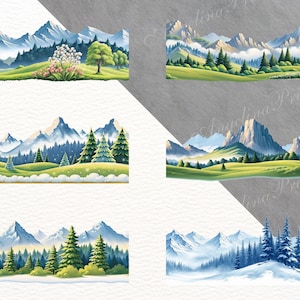 Puede incluir: Seis ilustraciones de paisajes en acuarela con cadenas monta&ntilde;osas, &aacute;rboles de hoja perenne y campos de hierba. La paleta de colores incluye tonos de azul, verde y blanco, creando una est&eacute;tica serena y natural. Ideal para arte mural o decoraci&oacute;n del hogar.