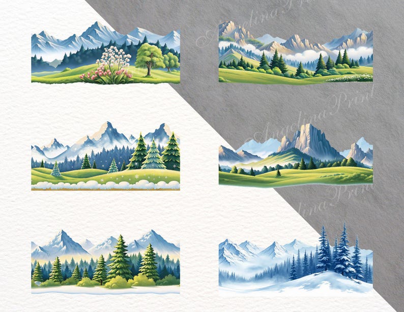Puede incluir: Seis ilustraciones de paisajes en acuarela con cadenas monta&ntilde;osas, &aacute;rboles de hoja perenne y campos de hierba. La paleta de colores incluye tonos de azul, verde y blanco, creando una est&eacute;tica serena y natural. Ideal para arte mural o decoraci&oacute;n del hogar.