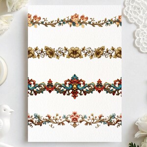 May include: A white card features four ornate floral border designs. The borders showcase detailed patterns with colors like gold, red, teal, and pink. The designs include flowers, leaves, and scrollwork, perfect for decorative projects.
