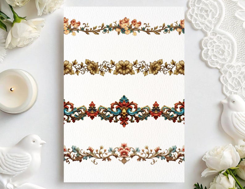 May include: A white card features four ornate floral border designs. The borders showcase detailed patterns with colors like gold, red, teal, and pink. The designs include flowers, leaves, and scrollwork, perfect for decorative projects.