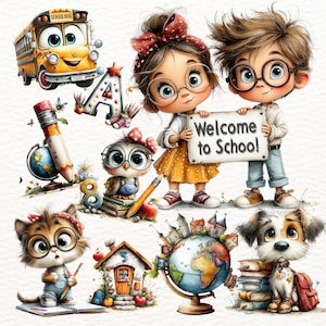 Può includere: Una collezione di illustrazioni in stile cartone animato con uno scuolabus giallo, una ragazza e un ragazzo con gli occhiali che tengono un cartello con la scritta Welcome to Schoo!, un piccolo gufo, un gatto, un cane, un mappamondo, una matita e una casetta su sfondo bianco.