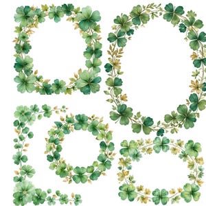 May include: Three watercolor illustrations of green clover leaf wreaths. The wreaths are in different shapes and sizes, with some having a more rounded shape and others having a more square shape.