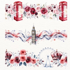9 Seamless London Borders PNG | London Skyline Clipart | Tower Bridge, Big Ben, London Eye, Crown, Bus & Phone Booth Continuous Borders