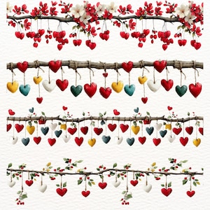 May include: Watercolor illustrations of decorative branches with hanging hearts and floral accents. The designs feature red, white, yellow, and teal hearts suspended from branches, creating a festive and romantic theme.