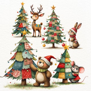 以下が含まれることがあります： 水彩画のイラストで、クリスマスツリー、トナカイ、ウサギ、クマ、ネズミが描かれています。ツリーはパッチワーク生地、オーナメント、星の飾りで飾られています。動物たちはお祝いのアクセサリーを身に着けています。