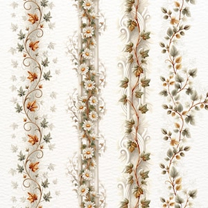 May include: Vertical floral pattern featuring detailed illustrations of vines, leaves, and flowers. The design includes alternating strips of daisies and stylized foliage in shades of brown, green, and white, set against a textured white background.
