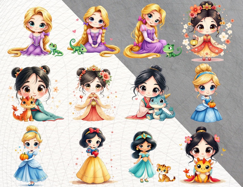 Cute Fairy Tale Princess Clipart Set | 50 Kawaii Cartoon Princess ...