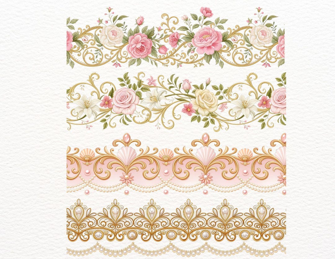 26 Seamless Rococo Borders, Floral Rococo Clipart, Elegant Vintage ...