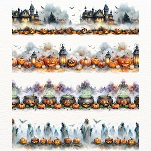 Peut inclure: Illustrations à l'aquarelle de bordures sur le thème d'Halloween. Les motifs présentent des maisons hantées, des citrouilles, des lanternes, des chaudrons avec de la fumée verte et des figures fantomatiques. La palette de couleurs comprend l'orange, le noir, le gris et le blanc.
