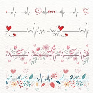 May include: A collection of four decorative designs featuring heart motifs and floral elements. The designs include stylized heartbeats, the word "love", and floral patterns with hearts and leaves. The color palette includes red, pink, and green.