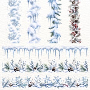 Puede incluir: Una colección de bordes digitales con temática invernal que presenta diseños verticales y horizontales. Los elementos incluyen copos de nieve azules, carámbanos, ramas de pino cubiertas de nieve, piñas y bayas rojas sobre un fondo blanco.