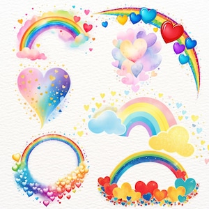 Peut inclure: Illustrations à l'aquarelle d'arcs-en-ciel et de cœurs dans diverses compositions. Les motifs présentent des couleurs vives, notamment le rouge, le jaune, le bleu et le violet, avec des accents en forme de cœur et des nuages duveteux. Le thème général est joyeux et fantaisiste.