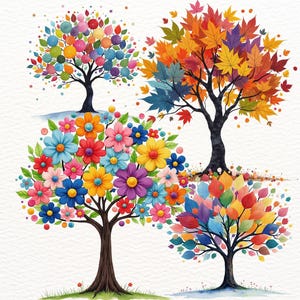 Può includere: Illustrazione ad acquerello di quattro alberi stilizzati con fogliame vibrante. Un albero presenta sfere colorate, un altro ha foglie autunnali, un terzo è adornato da fiori e l'ultimo mostra un mix di foglie. Gli alberi hanno tronchi marrone scuro su sfondo bianco.