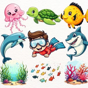 76 Underwater Sea Clipart ,Cute Ocean Animals, Kids Marine Stickers PNG,Digital Sea Life Illustrations,cartoon ocean art,nursery ocean decor