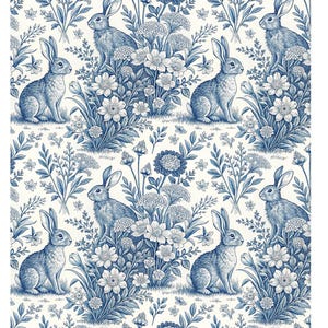 Blaues Toile de Jouy Hase Nahtloses Muster, Osterhase Digitales Papier, Vintage Pastell Tapete, französisches Toile, nahtloser Hasendruck
