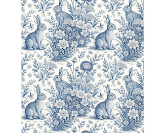 Blue Toile de Jouy Bunny Seamless Pattern, Easter Rabbit Digital Paper, Vintage Pastel Wallpaper, French toile, seamless bunny print