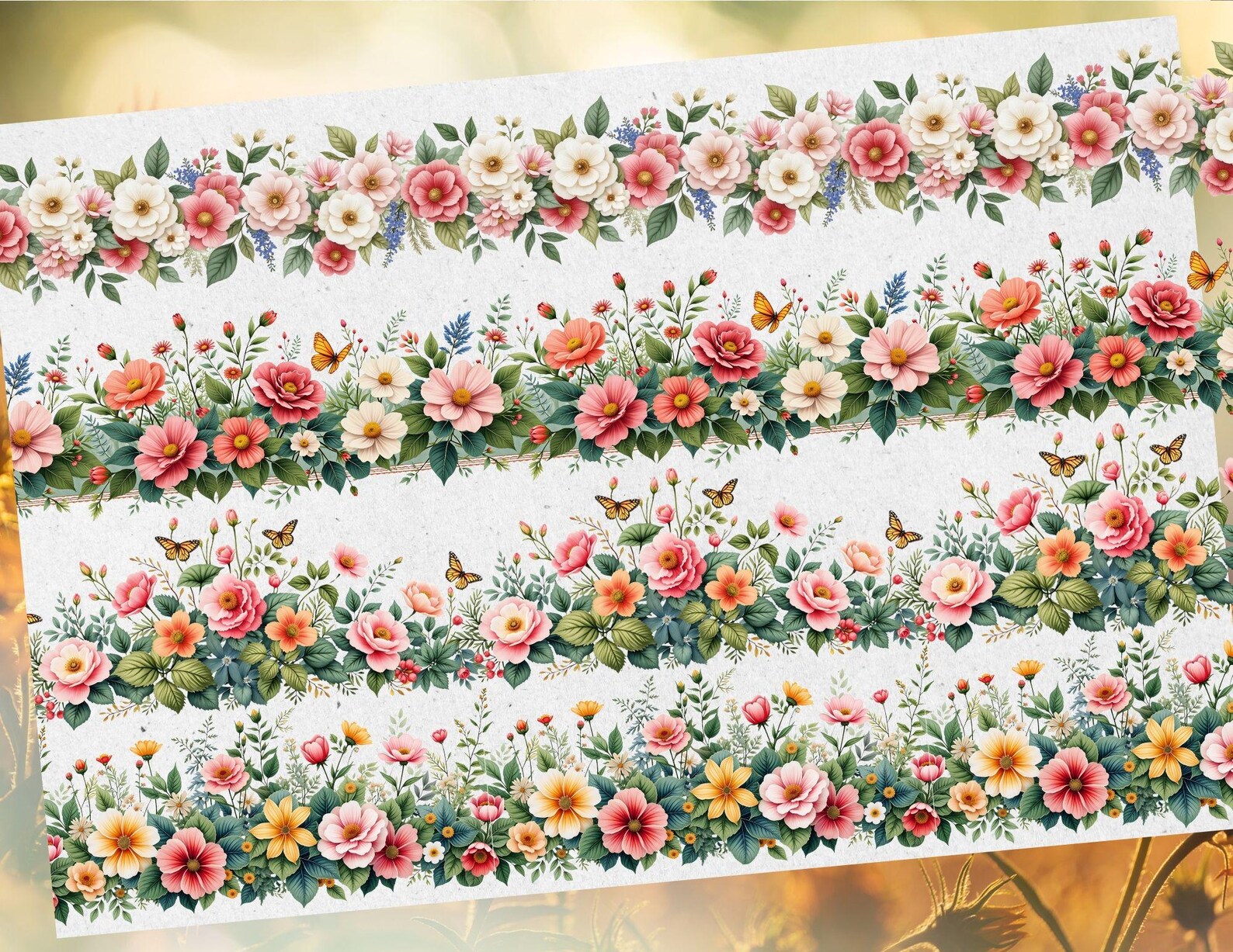 14 Seamless Floral Borders Clipart | Wild Meadow Flowers Continuous ...