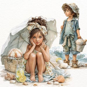 Puede incluir: Una ilustración digital de dos niños en una playa. Un niño está sentado bajo una sombrilla blanca con una cesta, un vaso de limonada y conchas marinas. El otro niño está de pie cerca, con un sombrero y ropa azul, sosteniendo un cubo con conchas.