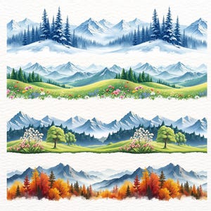 May include: Watercolor landscape illustrations featuring mountain ranges and seasonal changes. The images showcase snowy peaks, lush green hills with wildflowers, and autumn foliage with vibrant orange and red hues. The artwork evokes a sense of nature's beauty.