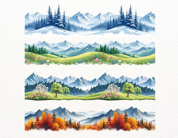 18 Seamless Mountain Border Clipart | Continuous Mountain Landscape PNG |  Printable Border