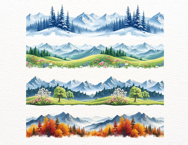 Add a sense of depth and nature to your projects with this set of 18 seamless mountain border cliparts. These continuous mountain landscapes are designed as repeating borders, creating a smooth, endless mountain horizon. Clean silhouettes and a fully transparent background make this set extremely flexible for both print and digital use.