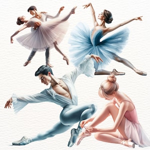 Może przedstawiać: Akwarelowa ilustracja baletnic w różnych pozach. Obraz przedstawia parę w podnoszeniu, tancerkę w niebieskiej tutu, tancerza w bieli i baletnicę wiążącą swoje pointes. Tło jest białe.